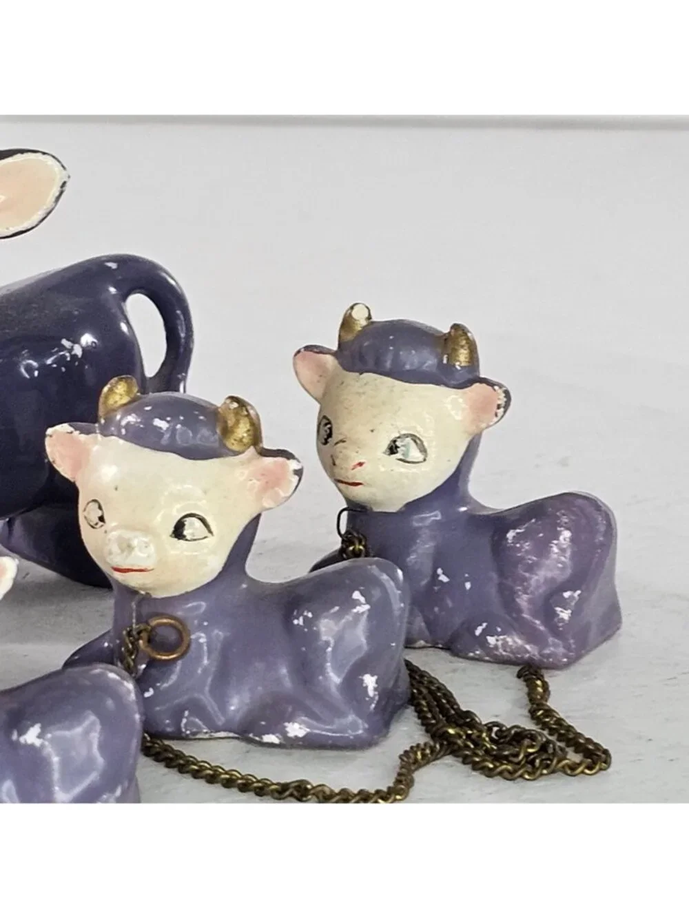 Miniature Purple Cow Calves Lot Vintage Japan 1950 Ceramic 7 Piece Lot Kitschy